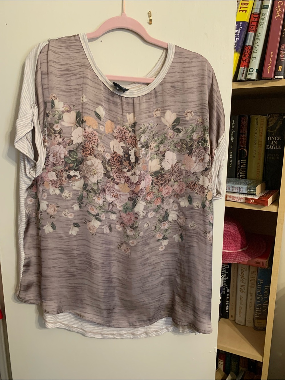 bobeau Mauve Floral Mixed-Print Short Sleeve Tunic